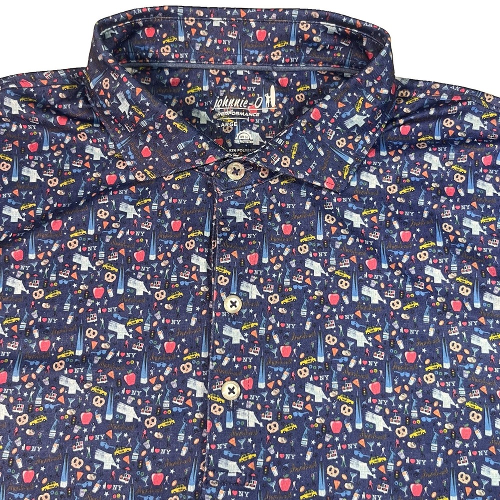 Johnnie-O Performance Polo Shirt Men's Large Blue NYC New York All Over Print SS